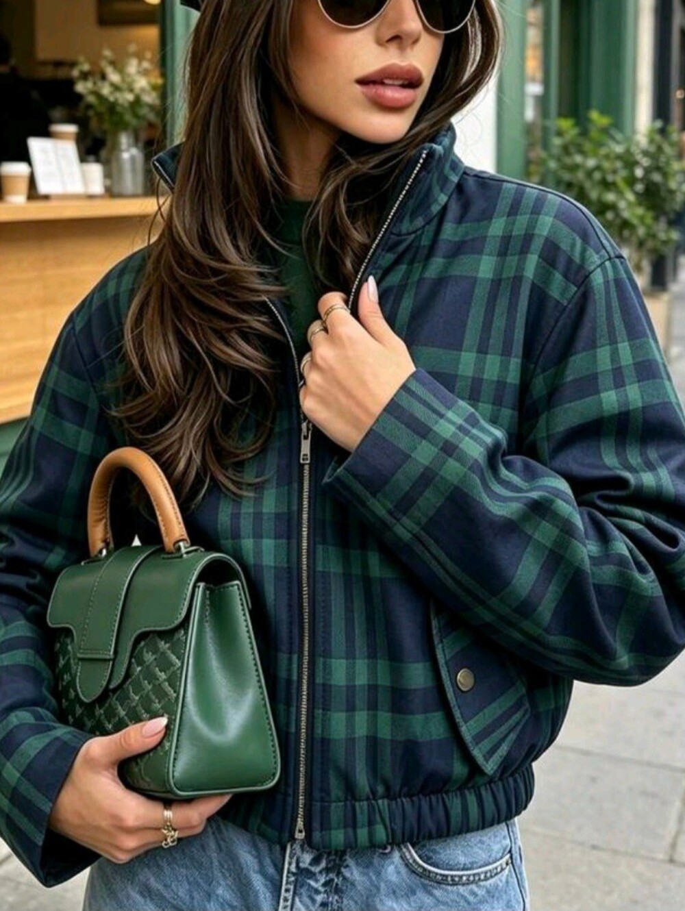 Women's Fashion Plaid Short Flight Jacket, Long Sleeve, Front Button Detail